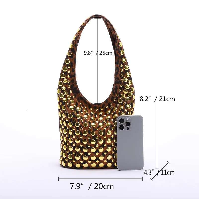 Gold Rivet Punk Underarm New Women's Leopard Print Frosted Bucket Bag High-End Brand Designer Shoulder Tote Handbag