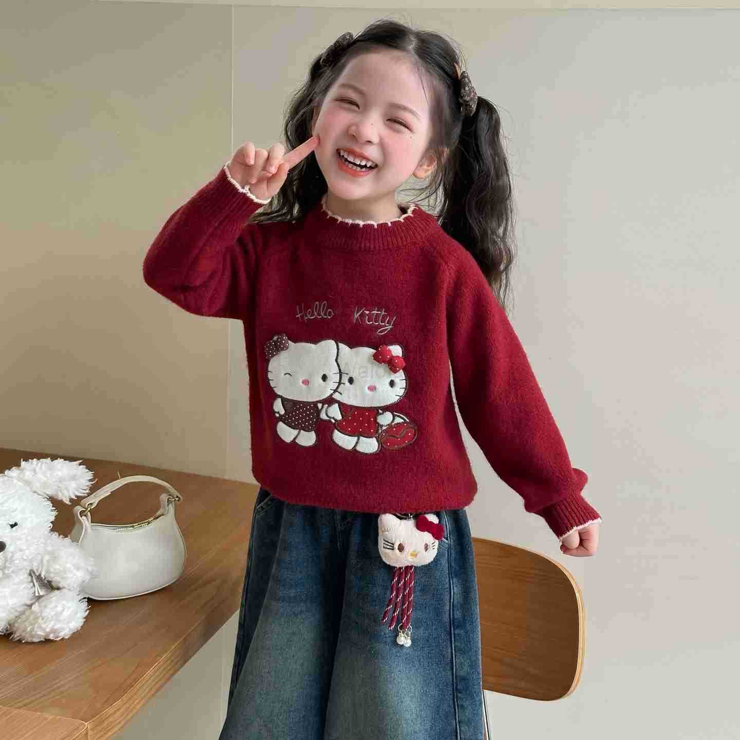 Sanrio KT Cat Girl Sweater 2025 New Childrens Autumn Winter Pullover Baby Girl Round Neck Cartoon Knitted Sweater Trendy H251105