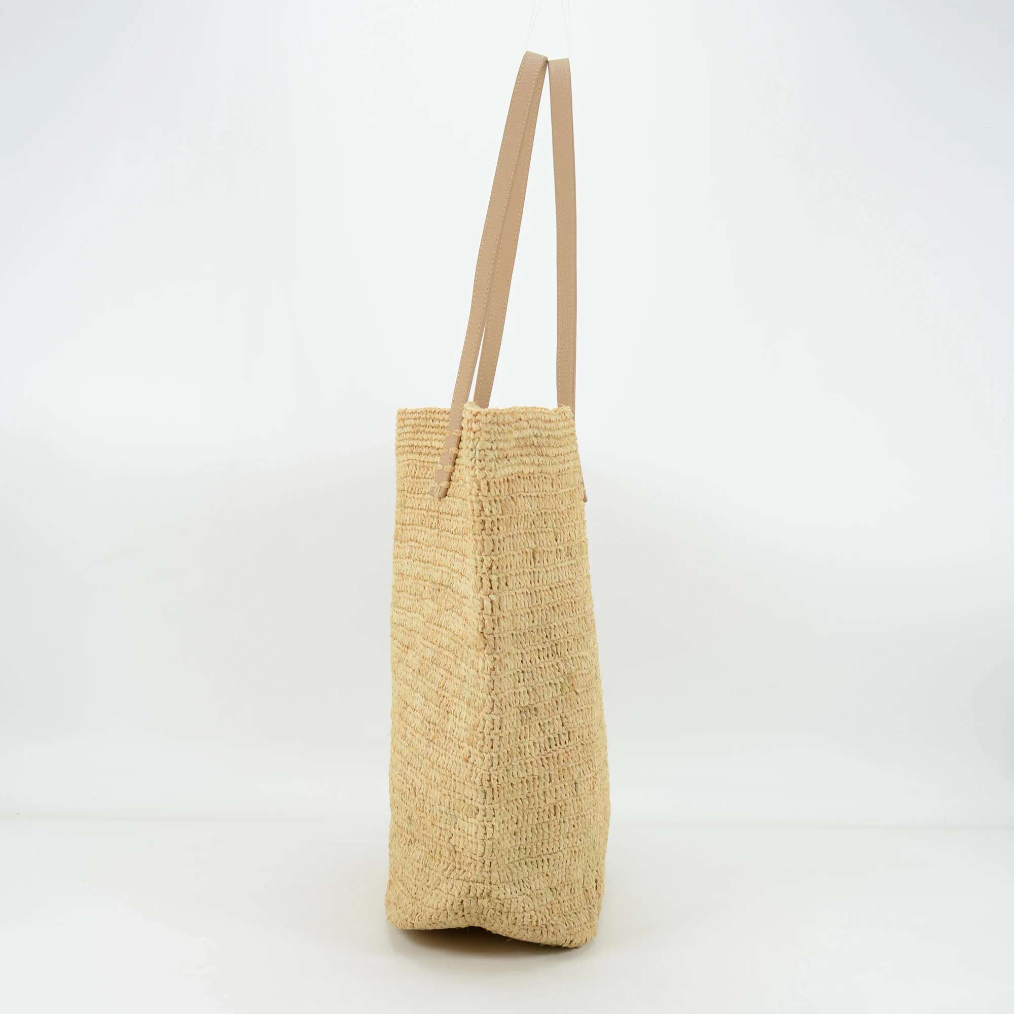 2024 Handmade Crocheted Natural Raffia Shoulder Bag With Nappa Leather Handles