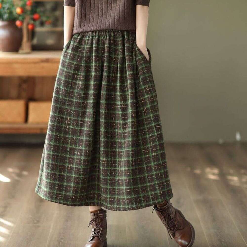 Autumn Winter Plaid Woolen A-Line Elastic Waist Midi Skirt For Women B5
