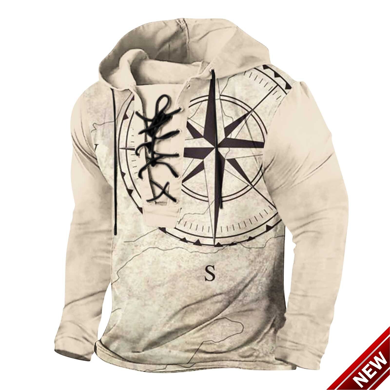 2025 Winter Mens Digital Printed Strap Up Large Hooded Long Sleeve T-shirt Mens Wear