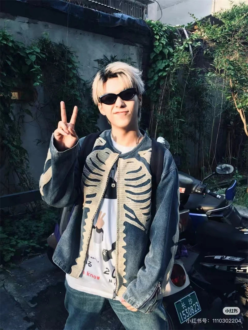 AutumnWinter Vintage Denim Heavy duty Bone Embroidered Loose Casual High Street Coat Japanese Trendy Mens Zipper 251030