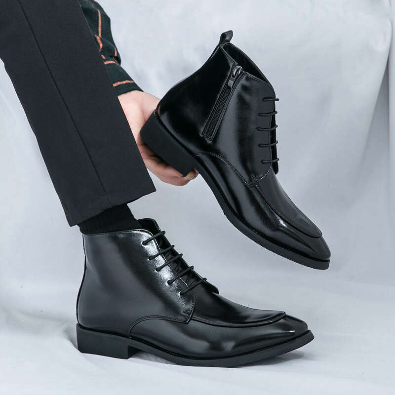 Large size color blocked zipper lace up business dress 2024 autumn/winter new fashionable high top leather boots