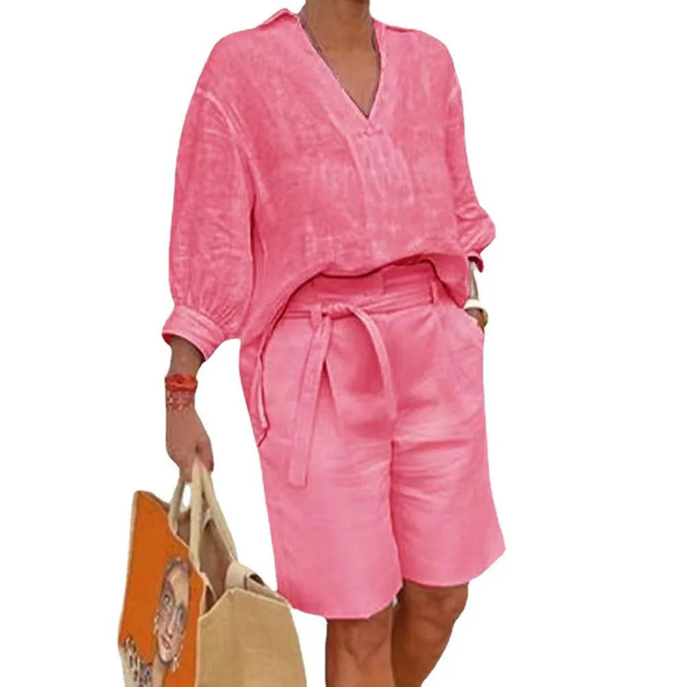 Cotton linen set summer retro womens V-neck shirt fashionable casual cuff set womens loose two-piece set 250401