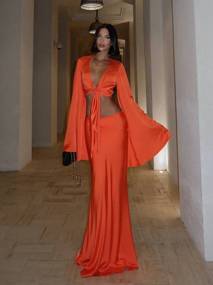 winter jacket women Huhugirl Sets Women Fashion Sexy Streetwear Solid Flare Sleeve Deep V-Neck Tracksuits Tops+Long SkirtsMatching 2 Pieces Female