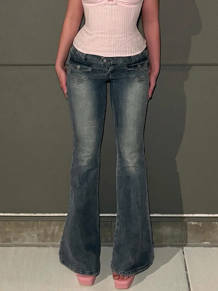 Rockmore Vintage Y2K Flared Jeans Retro Button Up Low Rise Casual Cowboy Harajuku 2000s Basic Aesthetics Cotton Womens Trouser 250403