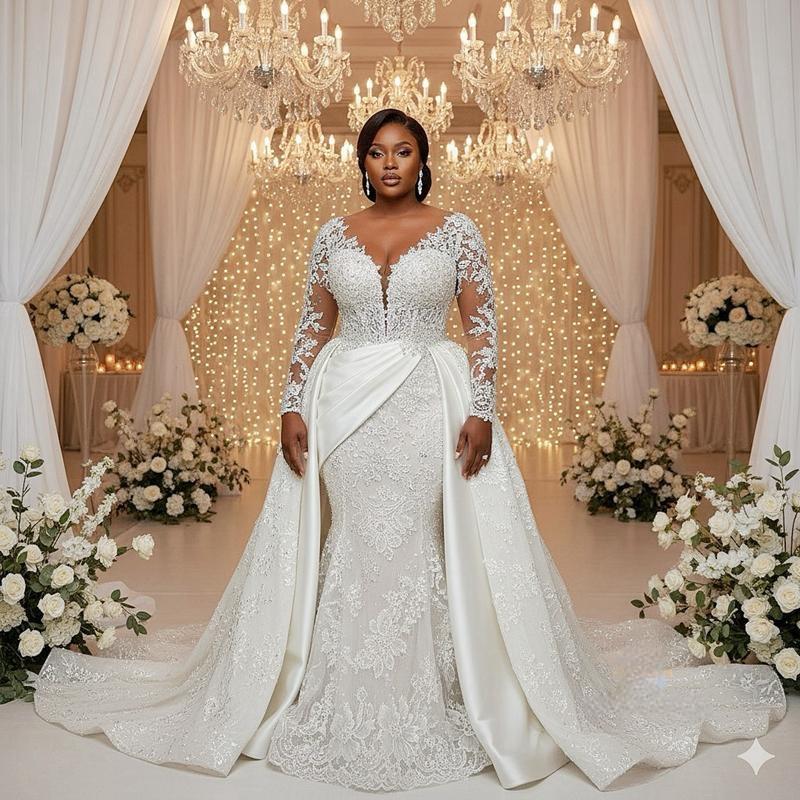2026 Plus Size Mermaid Wedding Dress For Bride Bridal Gowns Lace Sheer Neck Detachable Train Appliqued Beaded Lace Crystals Wedding Gowns for Black Wo