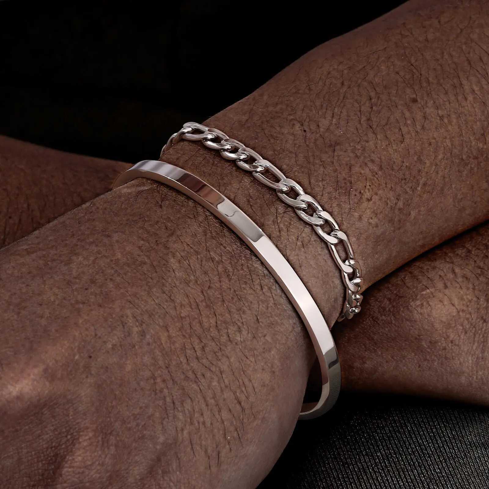 2pcs/set Figaro Chain Bracelet for MenSilver Color Stainless Steel Cuff BanglesStylish Layered Bracelet Gift for Him BoyXJ251105
