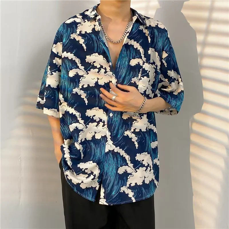 Summer mens Hawaiian shirt 3D floral print casual loose beach shirt short sleeved Tiki shirt mens 250403
