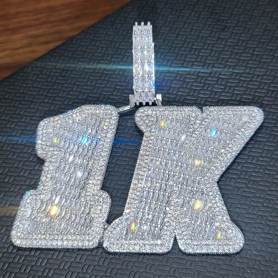 Custom Ice Number Word Pendant Chain Icy Baguettecz Letter Necklace Solid Back Laser Engraving Personalized His Birthday Gifts 251105