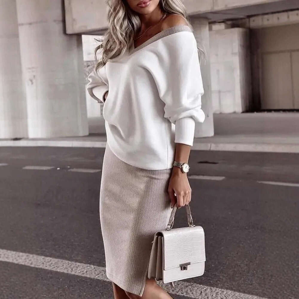 Cross-Border Fashion Women's Clothing Casual Loose V-Neck Sweatshirt Tight-Fitting Half Skirt Long-Sleeve Top Two-Piece Set