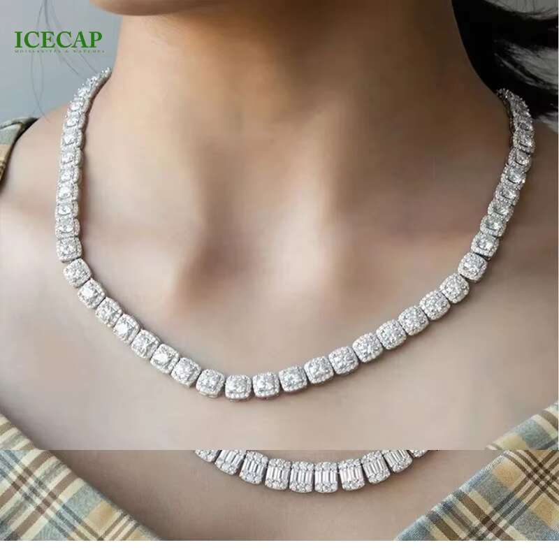 Baguette Cut VVS Moissanite Diamond Tennis Chain Necklace Bracelet for Women White Gold 925 Sterling Silver Hip Hop Jewelry