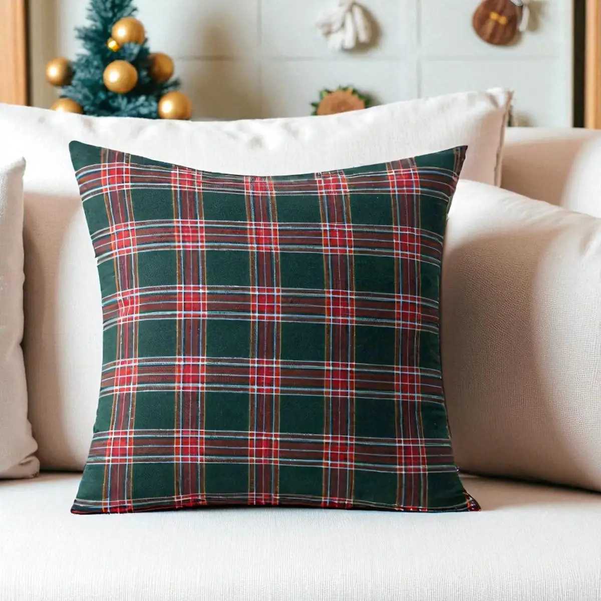 1pc Autumn Christmas Plaid Pillow Covers Red Checkered Print Decor Ideal Festive Gift for Home Sofa Christmas-Themed Decor Y251105