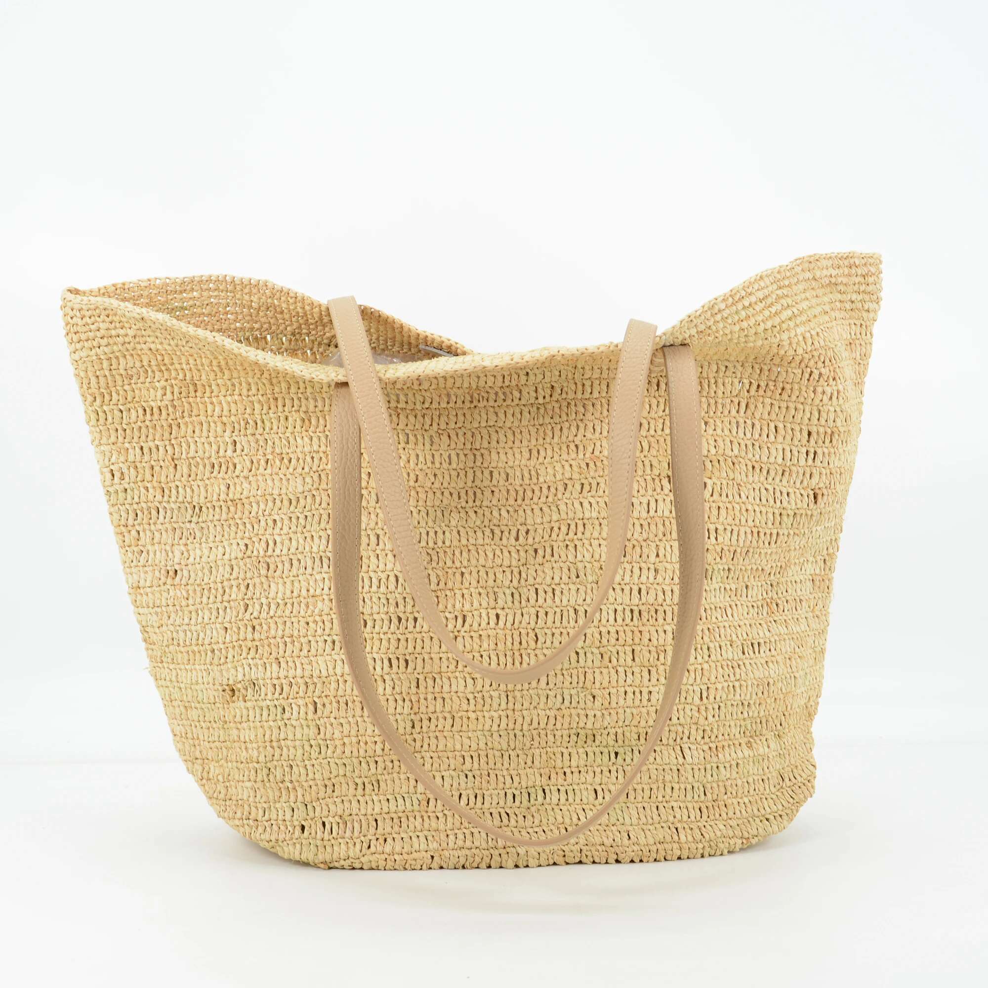 2024 Handmade Crocheted Natural Raffia Shoulder Bag With Nappa Leather Handles