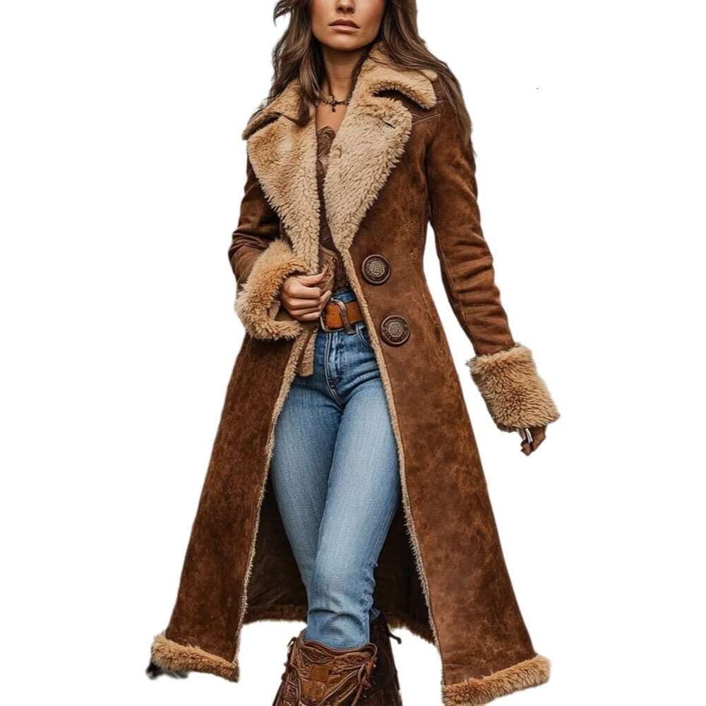 Cross-Border European and American Denim Women's Western Retro Trench Coat Furry Autumn Winter Fashion Warm Jacket