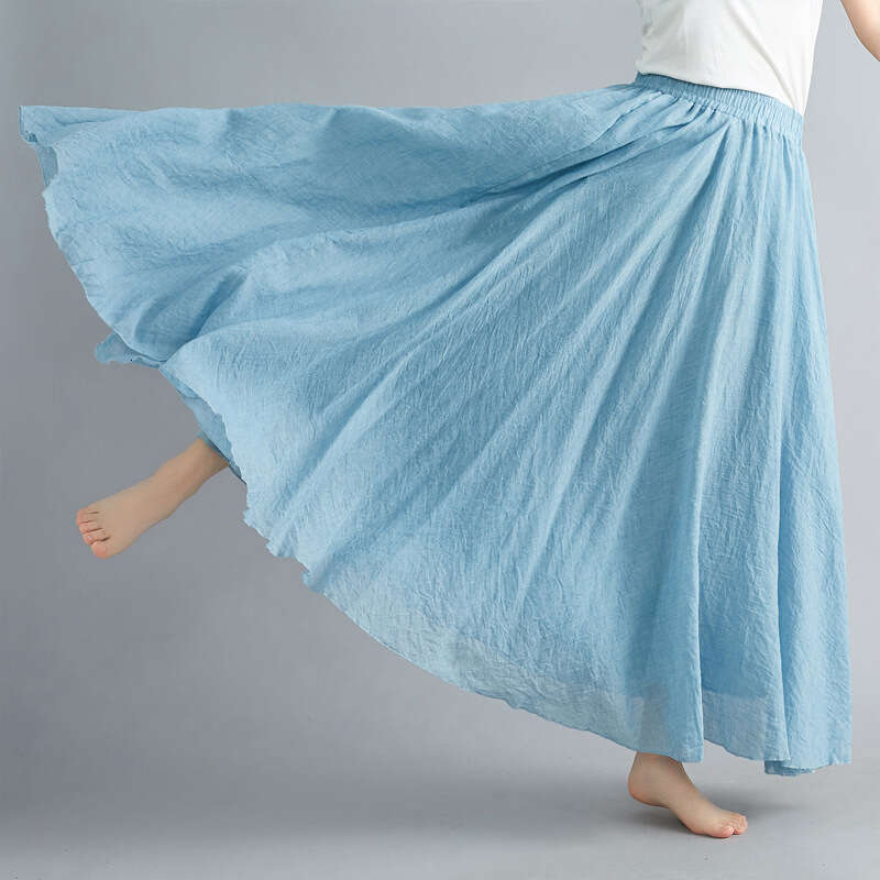 Mori Girl Artistic Plus Size Cotton Elastic Waist Linen A-Line Long Solid Color Ethnic Style Flared Skirt B5