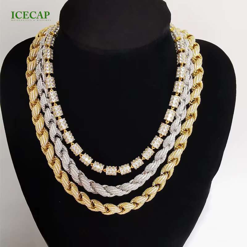 Customization Full Iced Out Moissanite Diamond 925 Silver Cuban Link Chain Baguette round Moissanite Hiphop Cuban Necklace