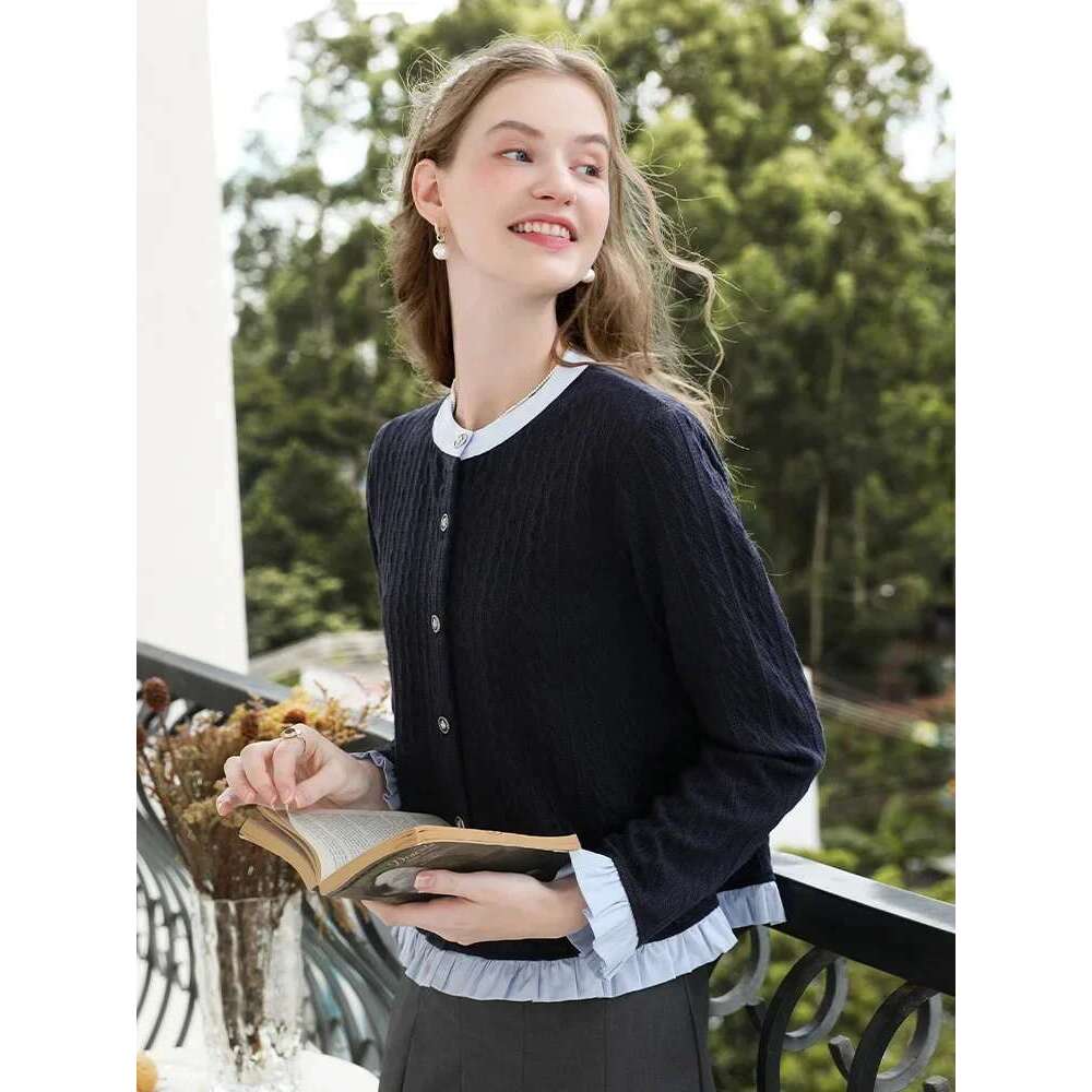 Fake Two College Blue Jacquard Knitted Cardigan Women Autumn O-Neck Soft Loose Tops Office Lady