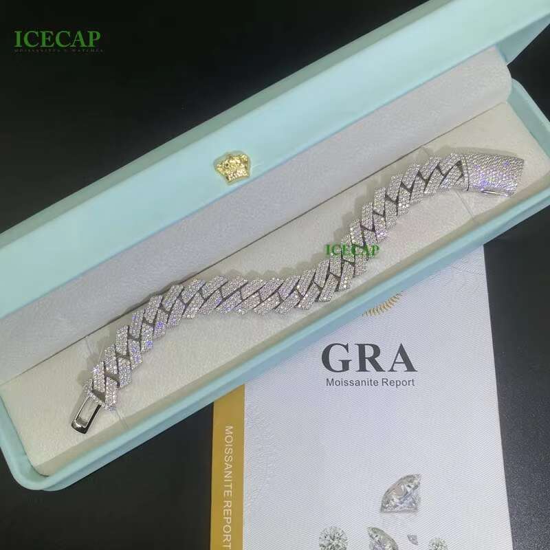 15mm 3Rows VVS Moissanite Miami Cuban Chain Pass Diamond Test 925 Sterling Silver Bracelet White Gold Cuban Link Chain Necklaces