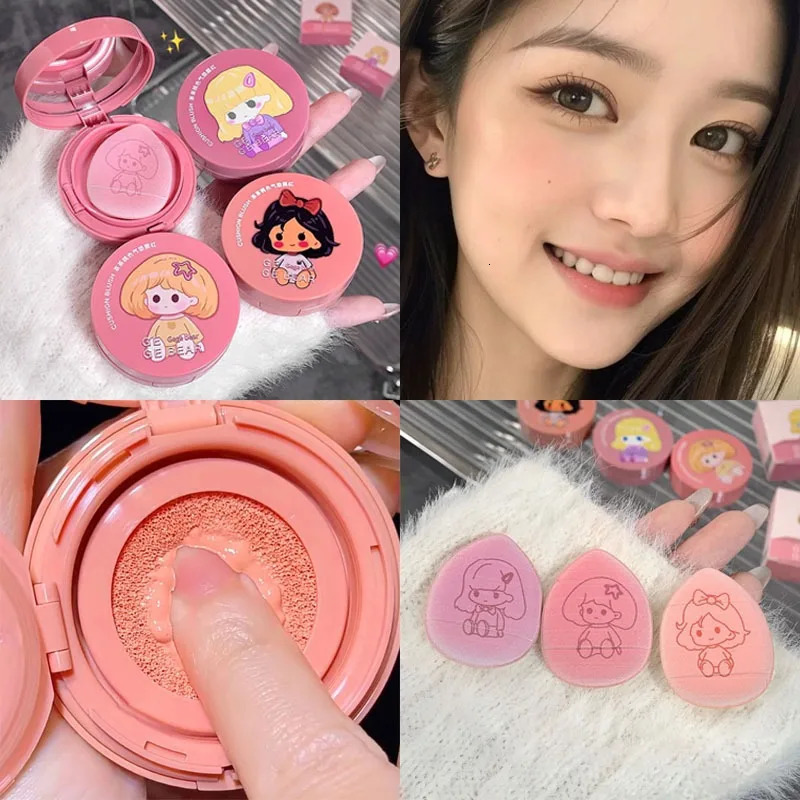 Girls air cushion powder blusher cream strawberry pink face natural matte cheek coloring rouge contour mouse and sponge puff 250325