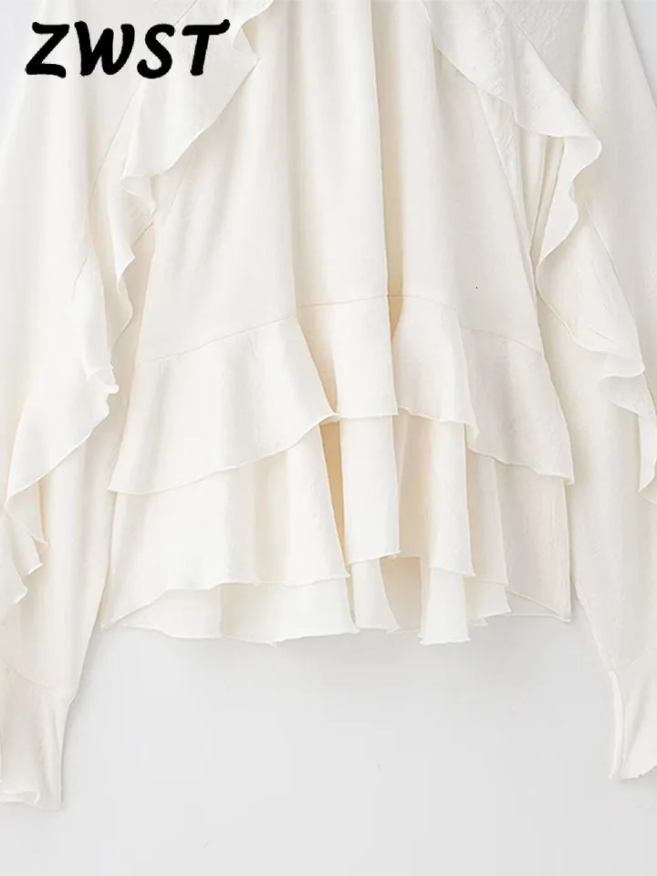 Fashion Flounce Blouses Womens Mesh Long sleeved O-neck Gauze Shirt Womens Spring/Summer Loose Womens Street Top 250402