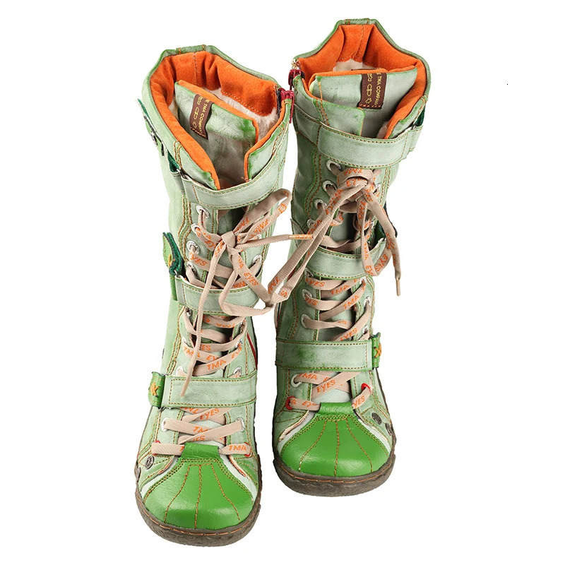 TMA EYES Strape-Accent Washed PU Leather Flat Winter Warmth Womens Boot With Plus Size251105