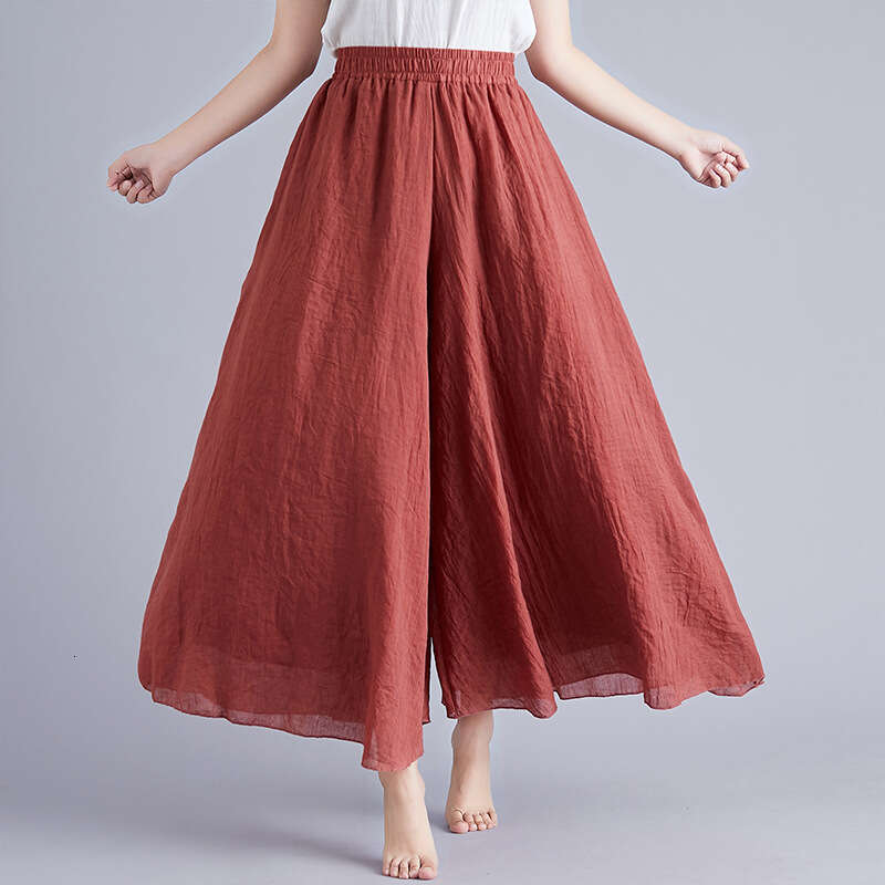 Summer New Mori Girl Artistic Plus Size Cotton Elastic Waist Linen Solid Color Ethnic Style Flared Pants Skirt B5