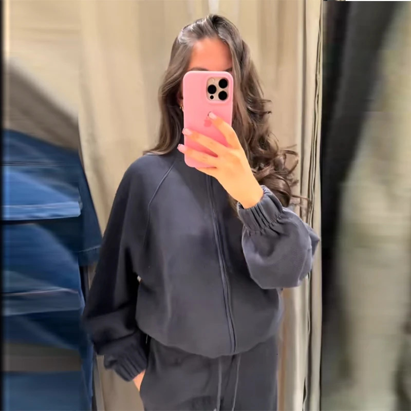Casual Solid Womens Jacket Pant Set Women Zipper Full Sleeve Stand Collar Coat Drawstring Loose Trouser 2025 Autumn Lady Outfit 251105