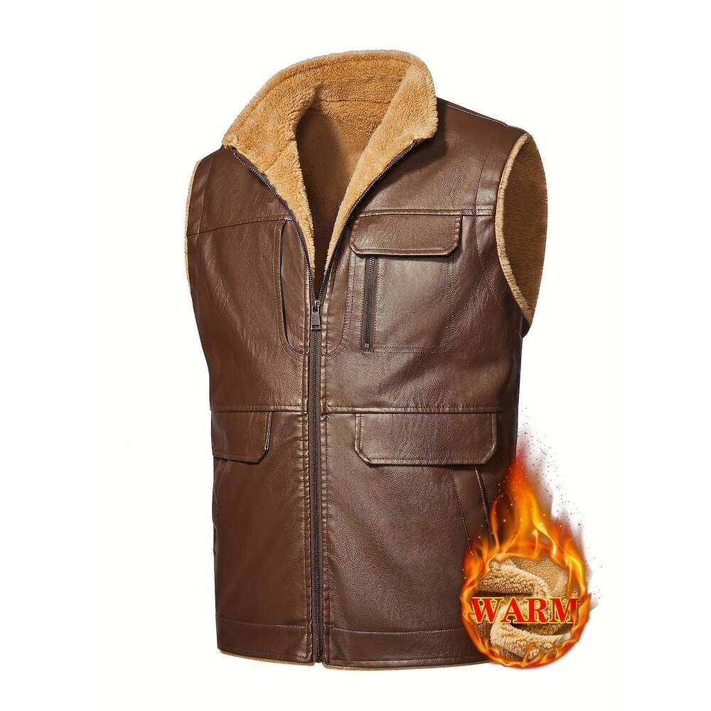 Warm Fleece Vest Warm Fleece-Lined Men's Vest - Thick Sleeveless Jacket With Zippered Pockets For Fall & Winter, Brown