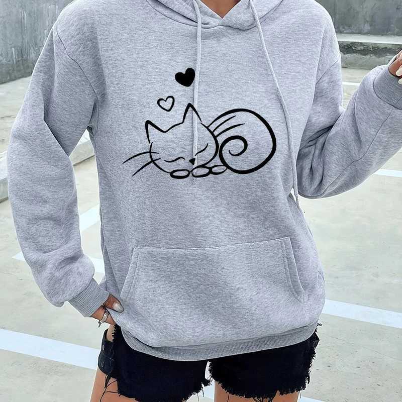 Womens Sleeping Cat and Hearts Printed Casual Sweatshirts Graphic Gothic Pocket Hoodies Y2k Hooded Streetwear Kawaii ClothesT251105