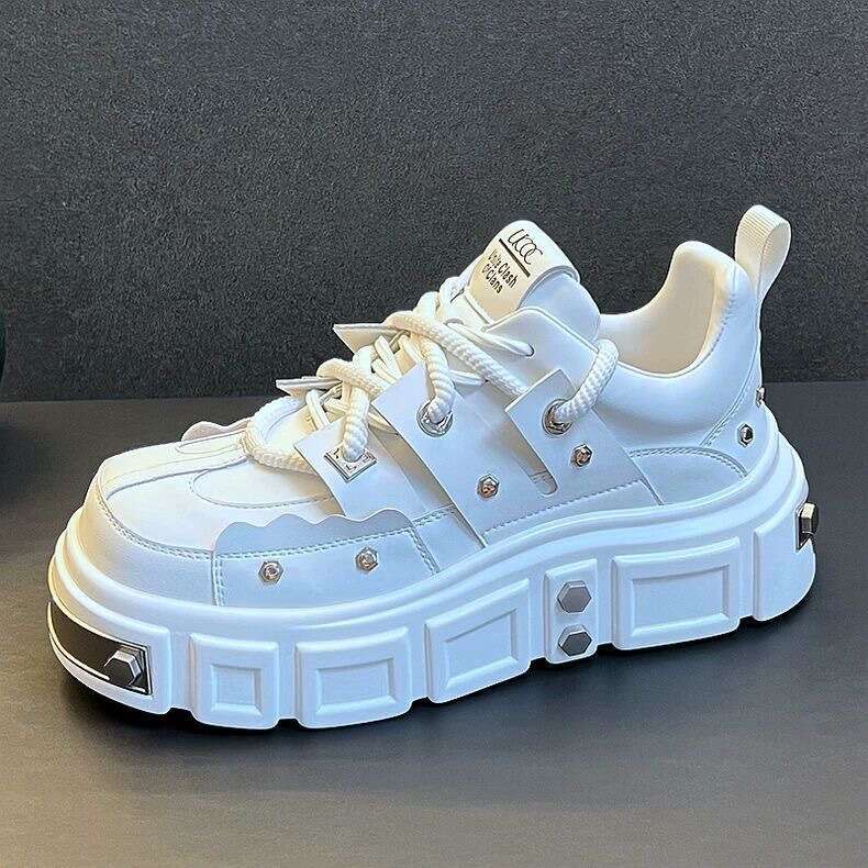 European Thick-Soled White Sneakers Men, High-End Fashion Studded Casual Height-Increasing Street Style Dad Shoes, Soft Leather for Men