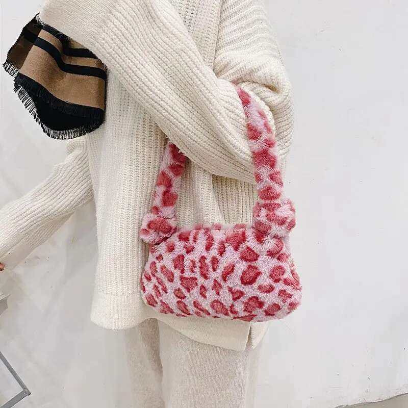 2025 Fashion Women Cow Print Mini Shoulder Female Winter Plush Underarm Leopard Zebra Pattern Fluffy Tote Bags Small Purses