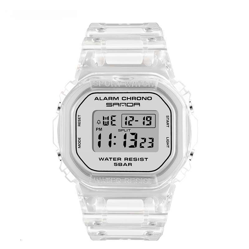 DHwatches Sanda Square Transparent Strap Electronic Watch Multi-Function Luminous Waterproof Outdoor Sports Student Wristwatch