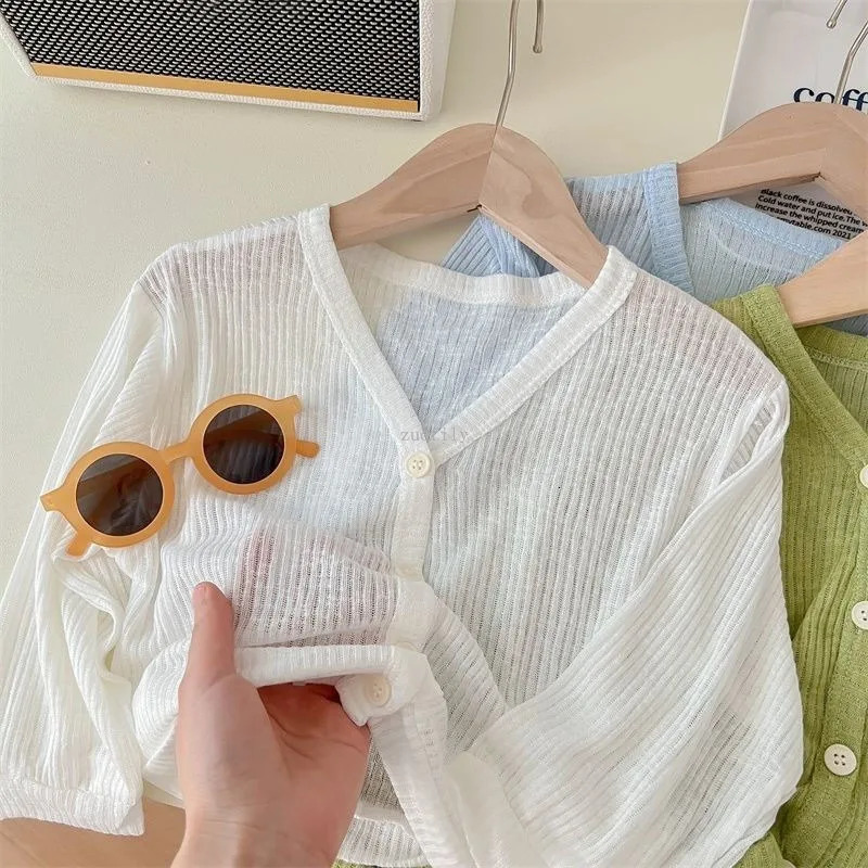 Girls summer thin cardigan wool sweater breathable outdoor childrens sunscreen set Coats solid baby air conditioning clothing 250325z