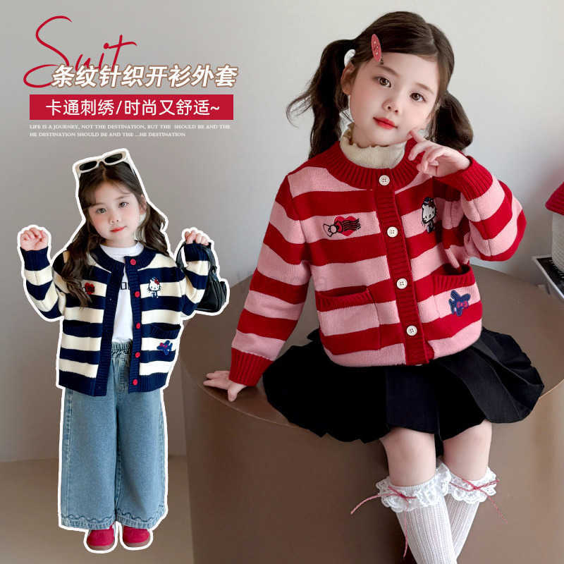 Sanrio Girls Knitted Cardigan Jacket 2025 Autumn New Baby KT Cat Cartoon Striped Sweater Loose Top Spring Autumn H251105