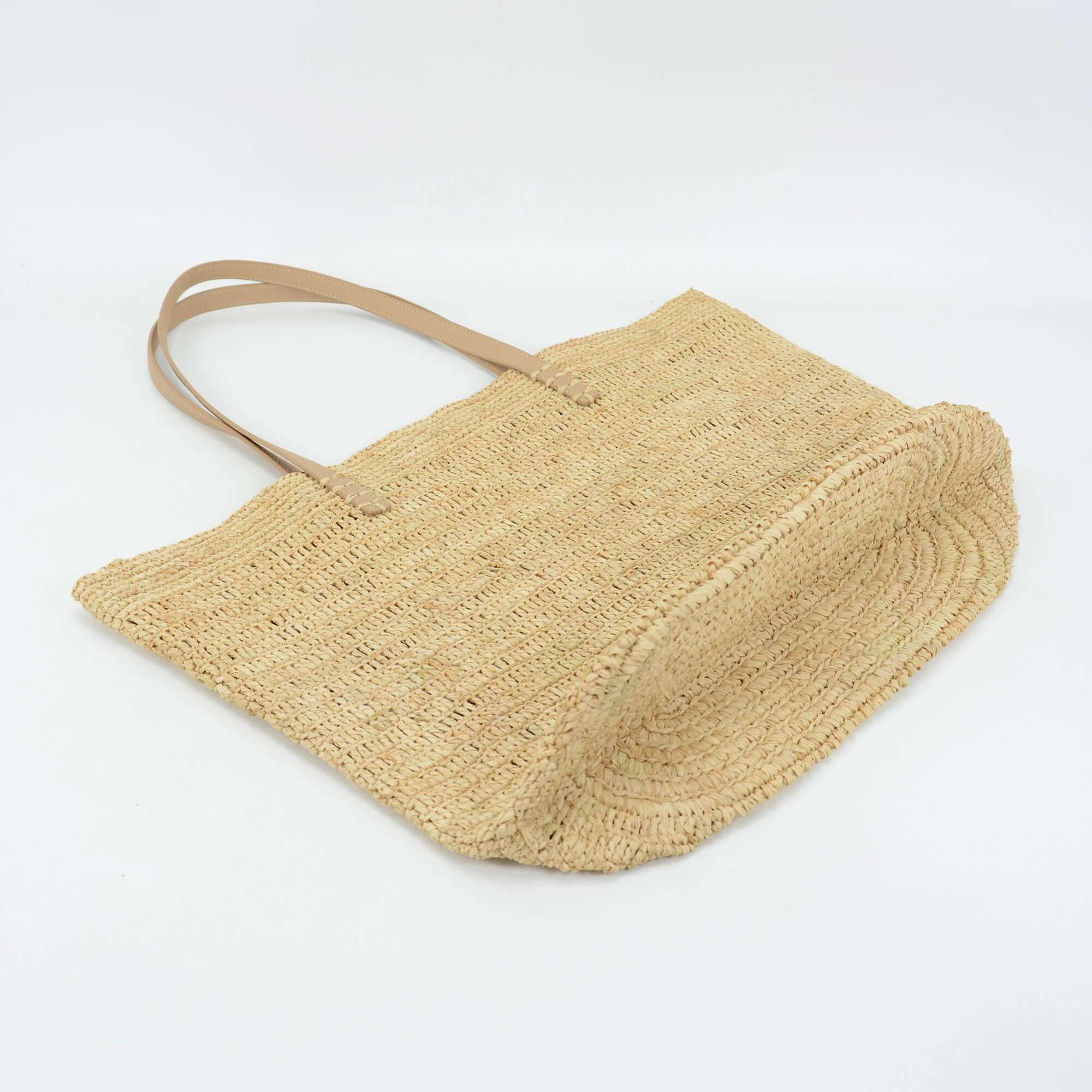 2024 Handmade Crocheted Natural Raffia Shoulder Bag With Nappa Leather Handles