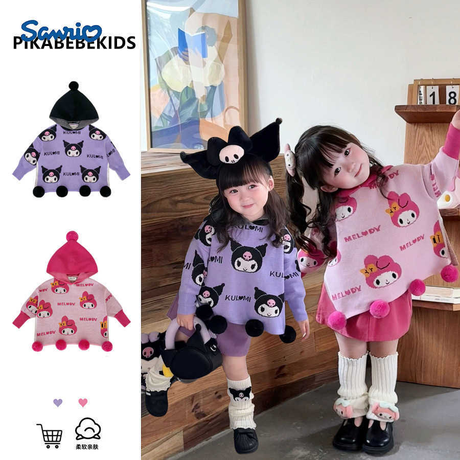 Sanrio Kuromi My Melody 2025 Autumn Winter Girls Knitted Cape Stylish Hooded Childrens Cartoon Cute Sweater Top H251105