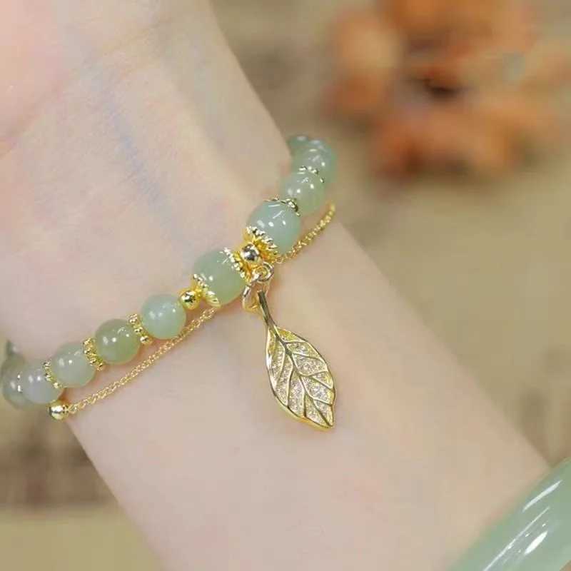 Chinese Style Green Jade For Women Exquisite Gold Color Leaves Wrist Strap Bangle Double Chain Girls Gifts C251105