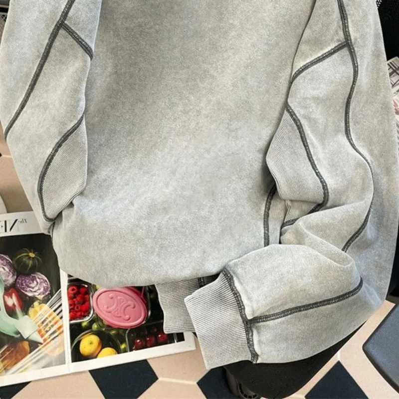 Grey Hoodies Women Plus Velvet Striped Baggy Retro Korean Fashion High Street All-match Coats Cool Hip Hop Thicker Couples NewlyT251105