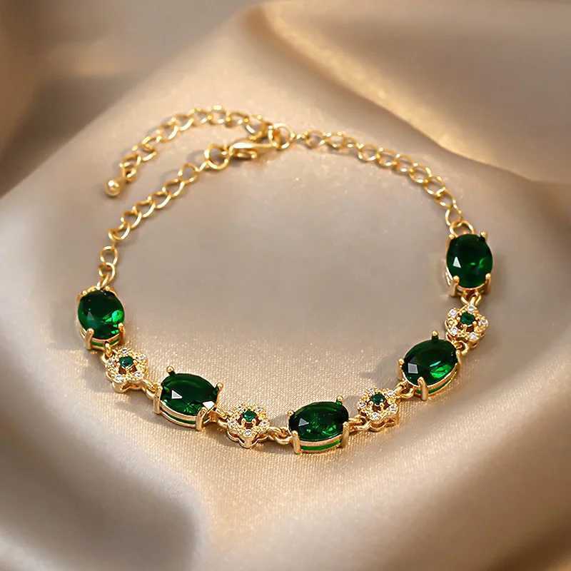 Elegant Green Rhinestone Crystal Gold Color Link Chains For Women Vintage Party Wedding Bridal Jewelry Gifts C251105
