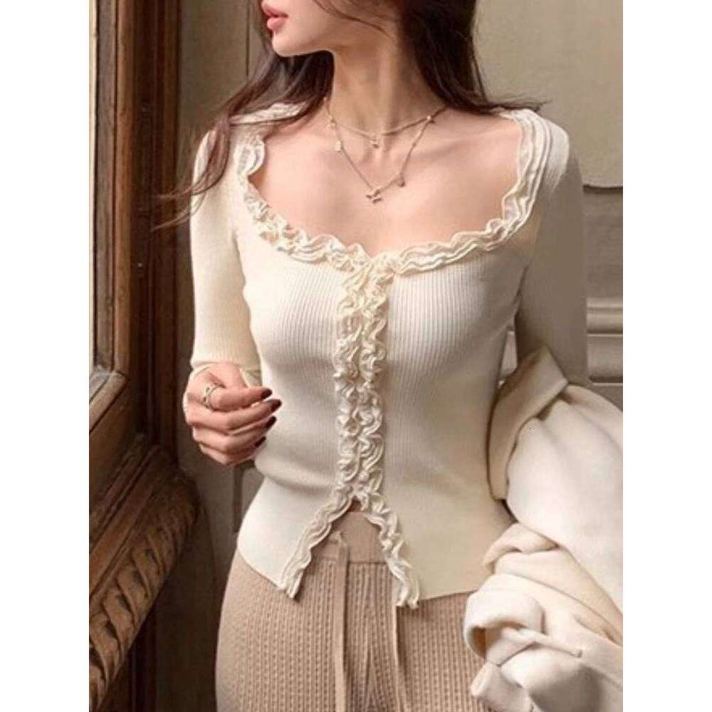 Lace Ruffles Sweater Autumn Long Sleeve Ribbed Slim Fit Tops Elegant Sweet Knitted Pullovers Solid Color Square Collar Sweaters Designer Sweater Bear 