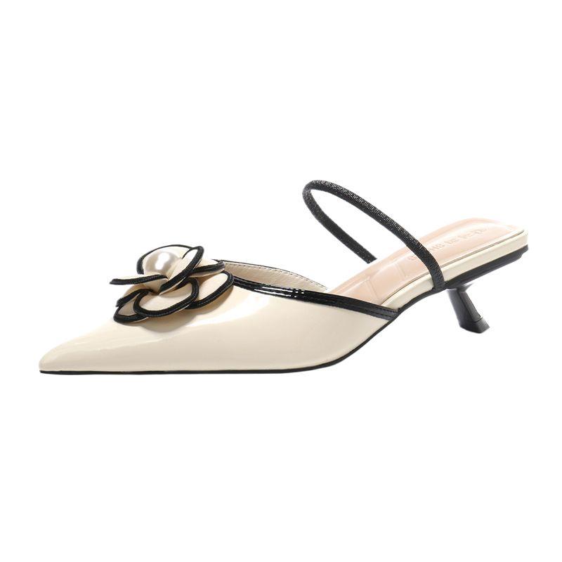 designer shoes 2025 new Women's summer style French pearl flower pointed toe stiletto heel open back slippers that are not tiring high heels