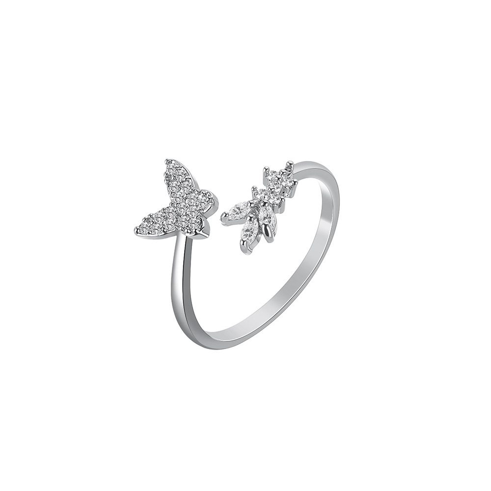 Japanese and Korean Simple Fashion Butterfly Open Ring for Women, Ins with Inlaid Diamonds, Mori Style Adjustable Ring, Trendy Jewelry