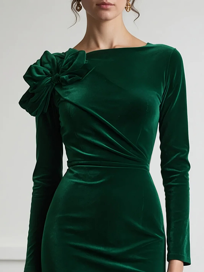 Women's Green Velvet Midi Dress with Bow Detail, Long Sleeve Bodycon Dress for Cocktail & Formal Events 23578
