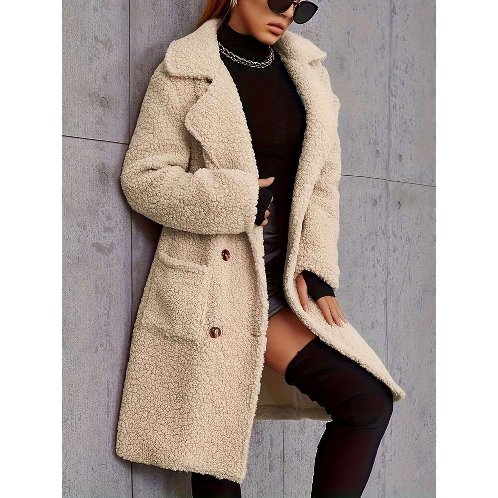 Chic Coat Chic Cozy Women's Faux Fur-Lined Mid-Length Winter Coat | Stylish Beige Outerwear With Pockets, Long Sleeves, Button-Up Design - Perfec