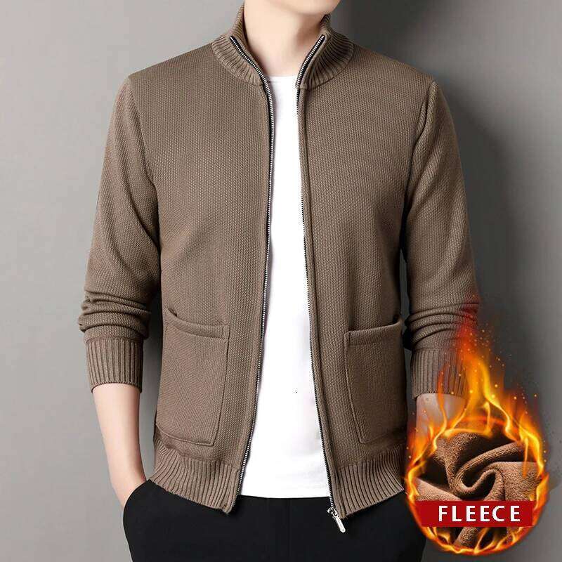 Winter Men's imitation Fleece Cardigan Knit Sweater Coat Casual Knitted Jacket High Quality Male Clothing Beige