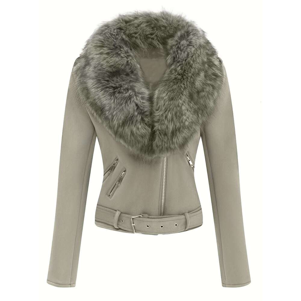 Women's Autumn/Winter Short Jacket, Faux Fur Hood, Suede Material, 95% Polyester 5% Elastane, Solid Color, Long Sleeve, Windbreaker Style, Woven 