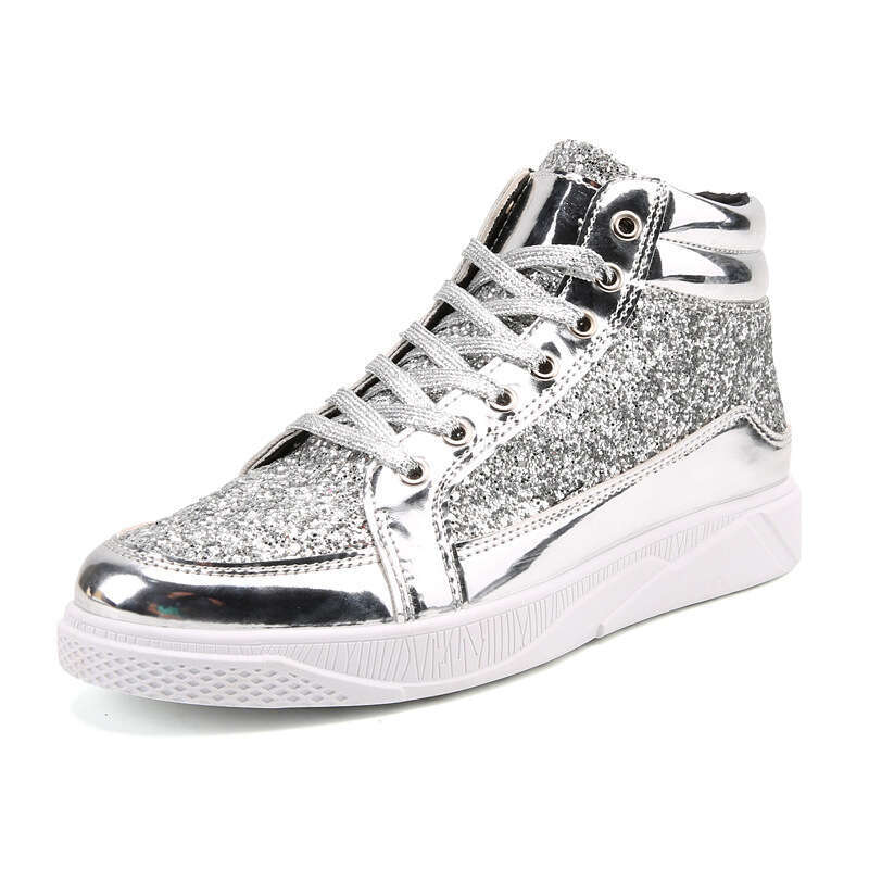 Large leather size 38-48, shiny and personalized Martin boots, men's casual board shoes, high top stage silver boots