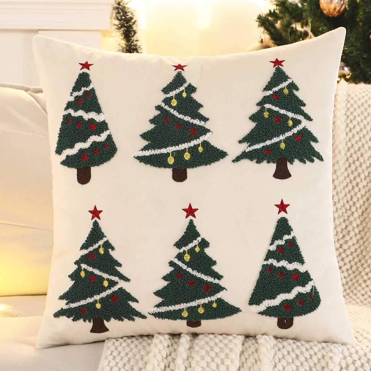 1 PC Christmas Tree Throw Pillow Cover Velvet Embroidery Candy Christmas Decoration Living Room Y251105