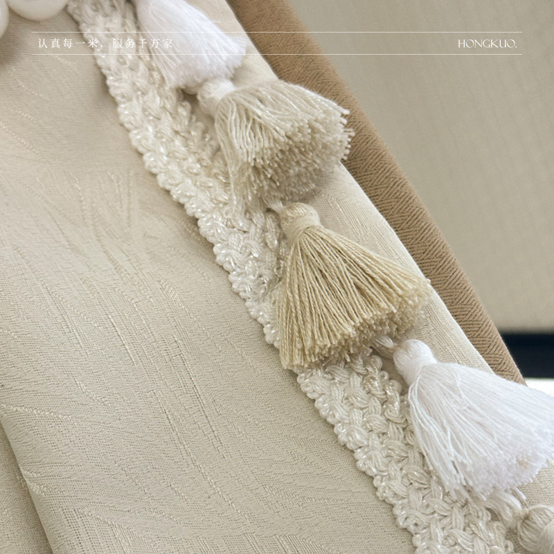 A11 Light Feather High Precision Jacquard Blackout Curtain French Cream Style Curtain Can Add Lining and Tassels